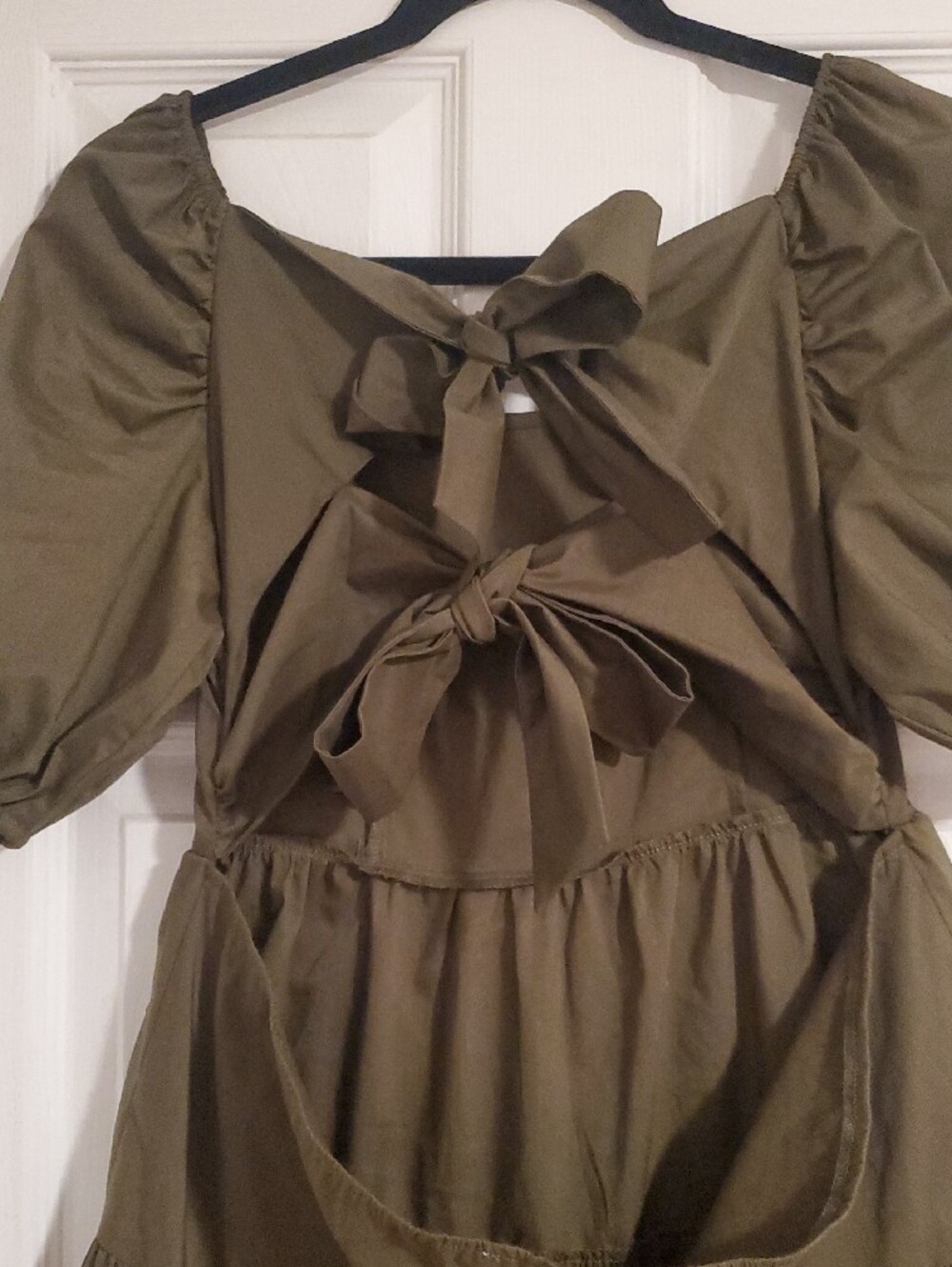 Puff-Sleeve Tiered Midi Dress in Olive - Women - Picture 3 of 4
